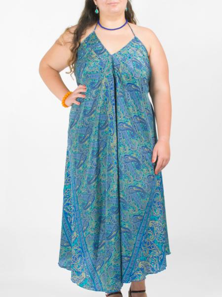 Robe longue dos nu colorée à motif paisley bleu vert