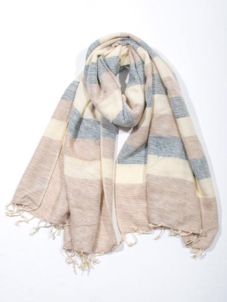Grande écharpe à rayures gris clair beige naturel et écru