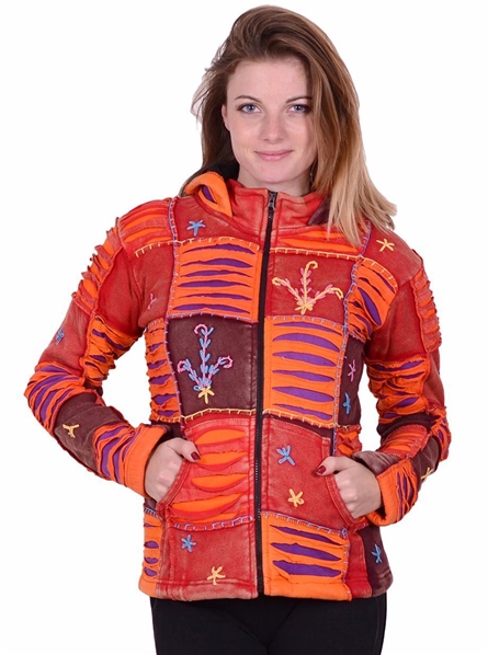 Gilet à capuche griffure et motif floral orange