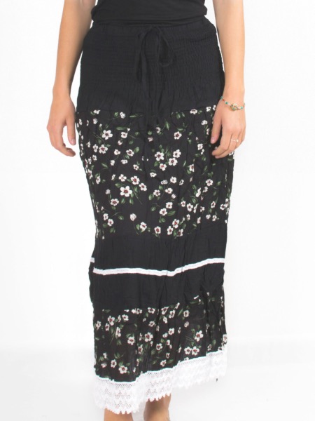 Jupe longue noire convertible à motif fleuri romantique et dentelle