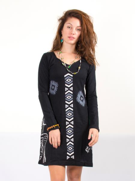 Robe noire à manches longues à imprimé Inca