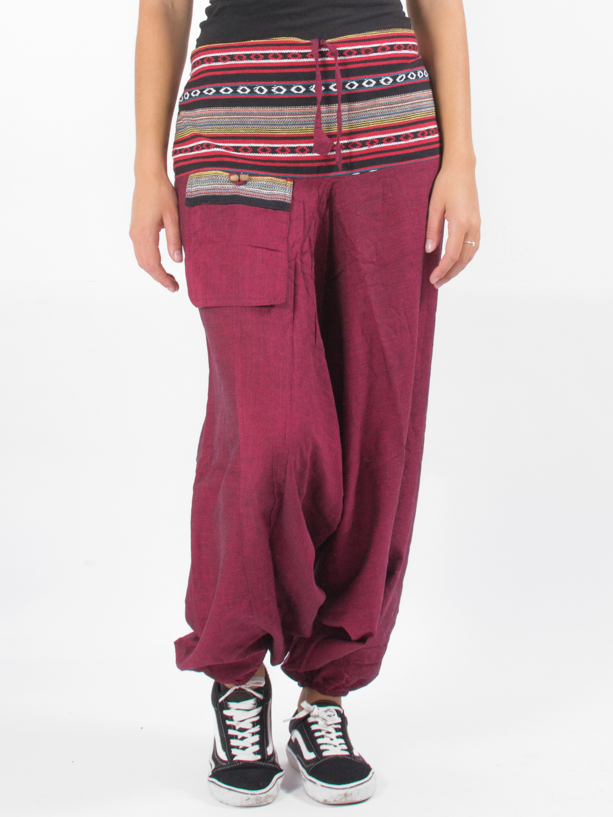 Pantalon sarouel ethnique bordeaux à motif du Népal