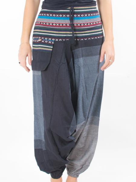 Pantalon sarouel léger noir gris à rayures et motif du Népal