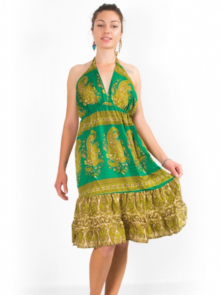 Robe dos nu en soie vegan à motif paisley coloré vert et kaki