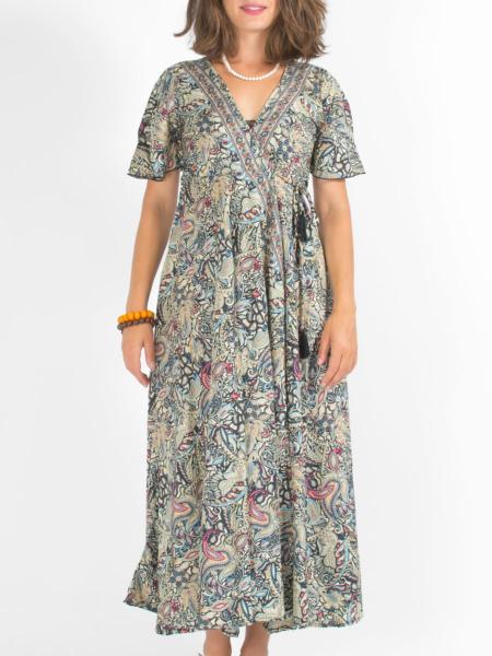 Robe longue cache-coeur noire et bleue imprimée floral