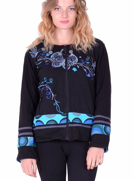 Gilet ethnique noir à capuche avec broderie de papillon turquoise - Mode  femme automne hiver