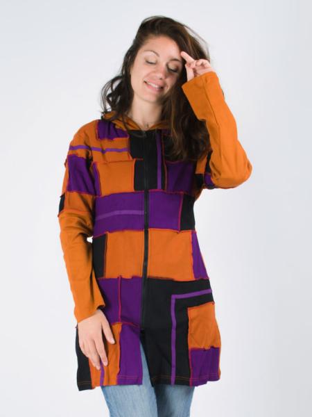 Gilet patchwork long à capuche aux couleurs élément terre