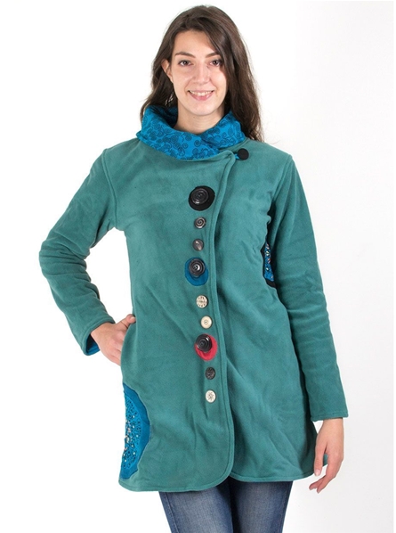 Manteau turquoise ethnique et chic au boutons colorées