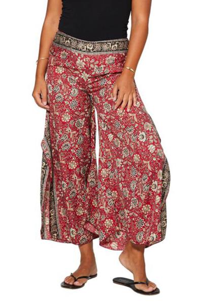 Pantalon fluide large à taille élastique fendu en bas rouge