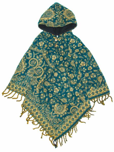 Poncho à capuche enfant vert motif cachemire en laine