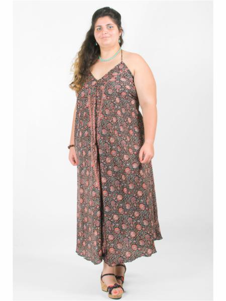 Robe longue dos nu en soie fleurie colorée noir rouge