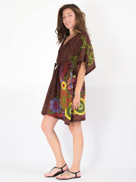 Robe Courte Et Ample Marron A Fleurs Mode Ethnique